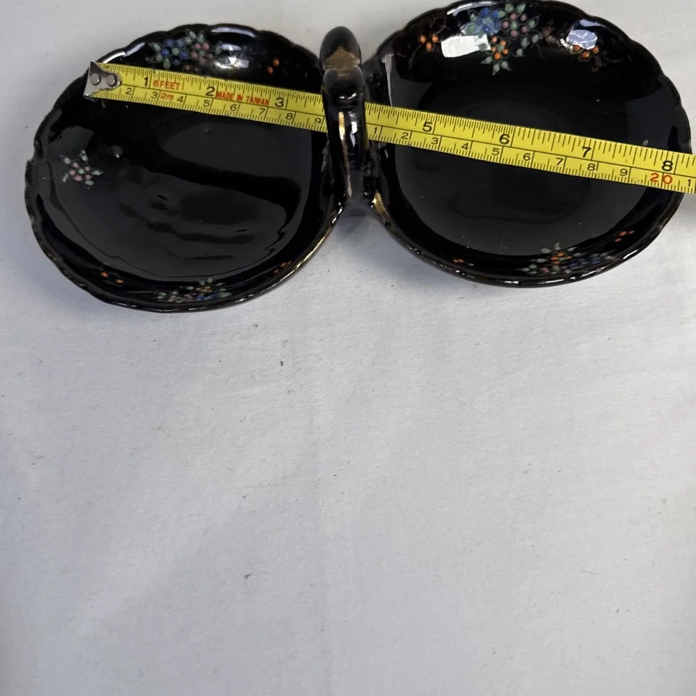Vintage Japanese Black Enameled Floral Decorated Two-Sided Nut Candy Dish.
